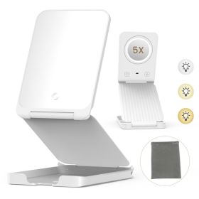 Travel Makeup Mirror with Lights, Portable 1X Vanity Mirror with 5X Lighted Magnification,72 LEDs 3 Color Lights, Rechargeable 1000mAh Battery